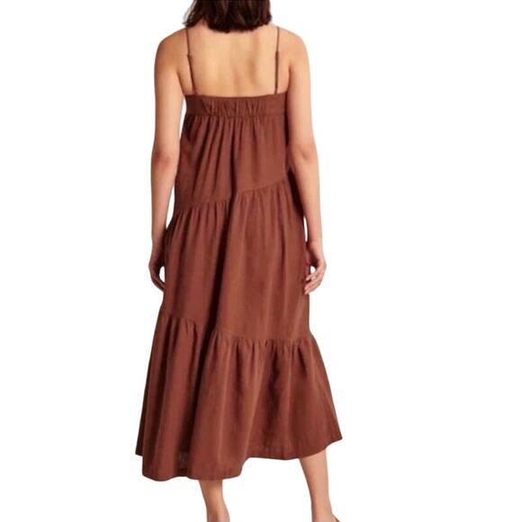 Abercrombie Asymmetrical Linen Blend Tiered Maxi Dress in Orange Size LP - Picture 4 of 12
